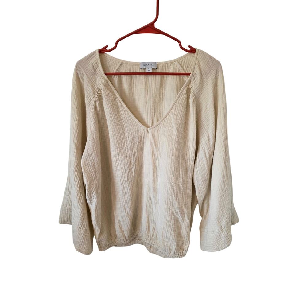 Evereve Womens Gauze Cotton V-neck Long Sleeve Top Size Large Cream color